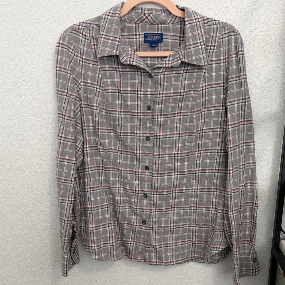 Pendleton Gray Plaid Cotton Flannel Button Down S… - image 1